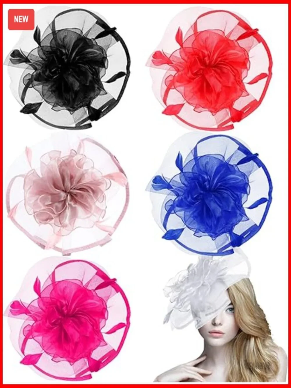 6-Piece Fascinator Hat Set for Women, Derby Cocktail Tea Party Organza
